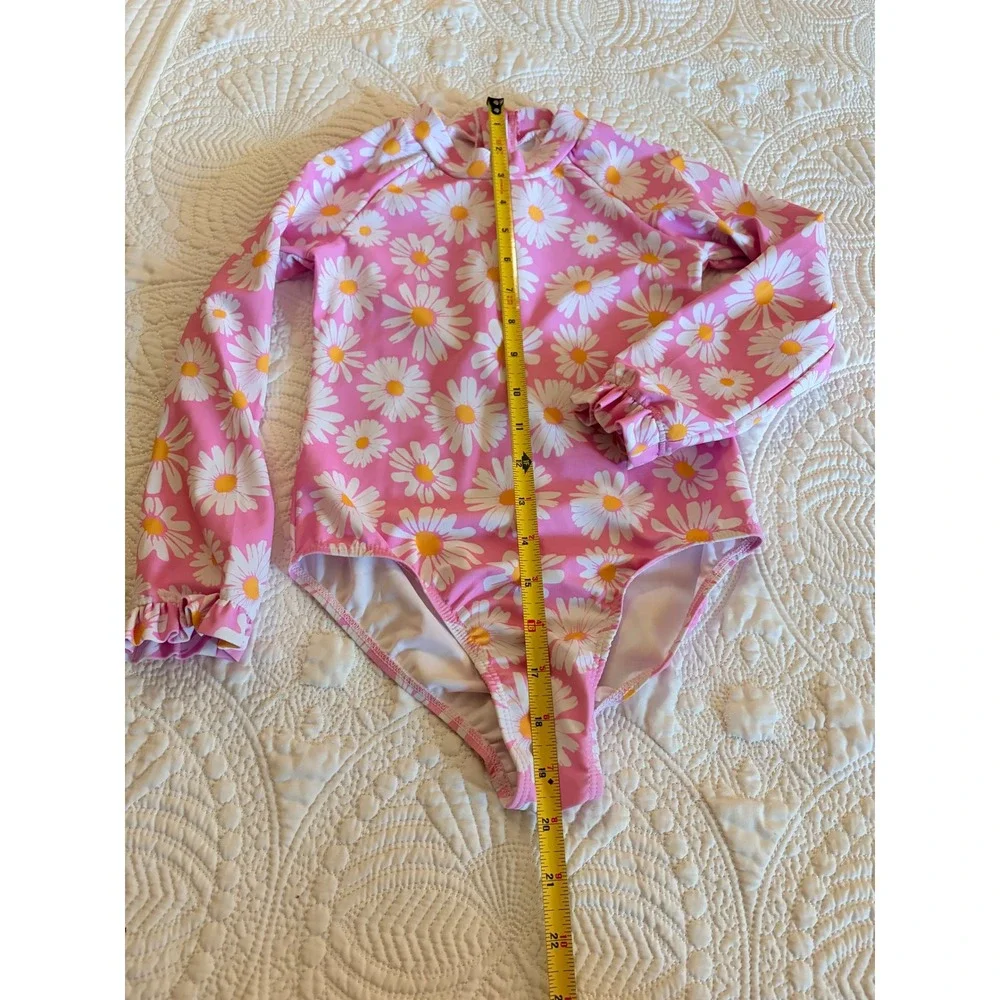 Little Girls Pink Daisy Long Sleeve Rash Guard Swimsuit White Size 6/7